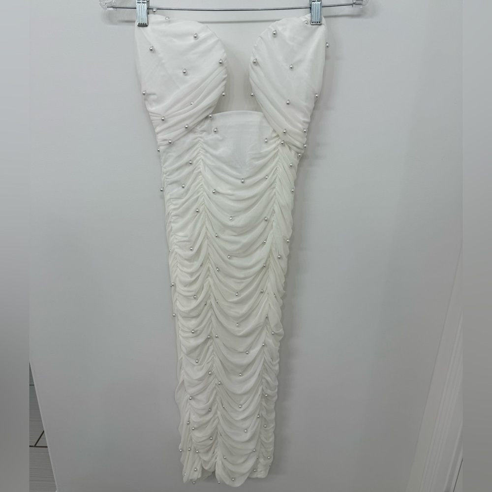 Strapless White Bodycon Dress with Pearl Detailing